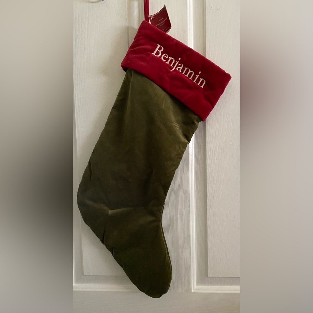 POTTERY BARN… BENJAMIN NAMED Green and Red Christmas Stocking